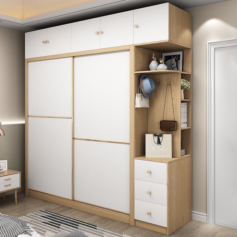 2 Door Clothes Rail Wardrobe Engineered Wood Industrial ArmoireLight Wood Finish