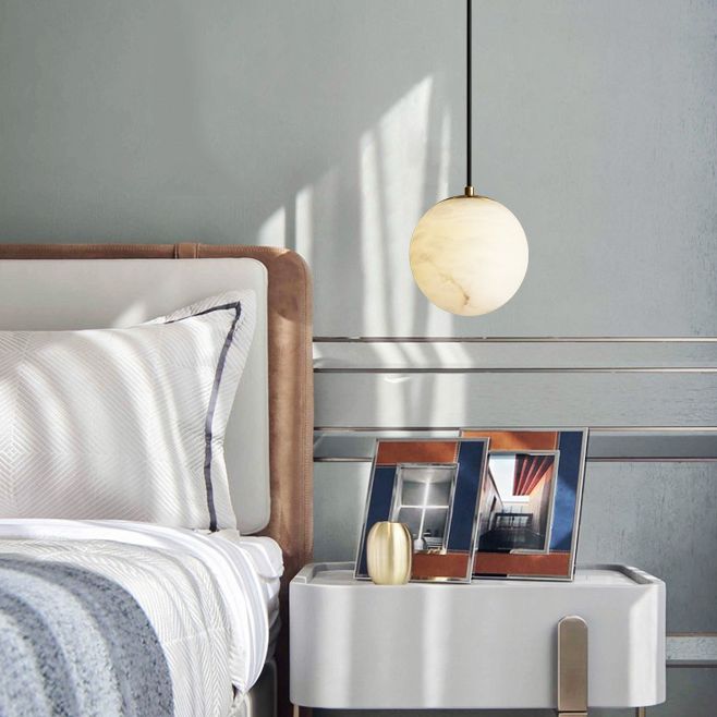 Shaded Bedroom Suspension Pendant Light Stone Modern Style Hanging Light Fixture in White