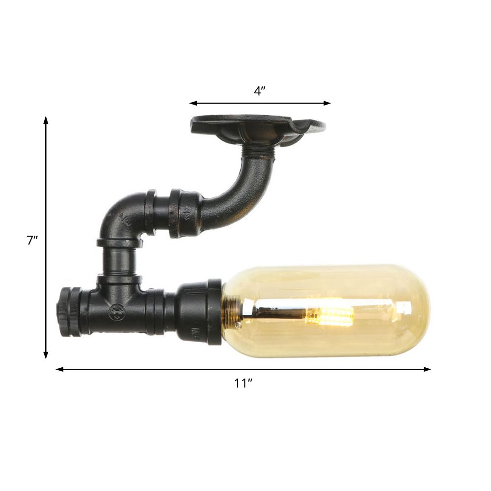 1 Light Capsuled Shade Semi Flush Light Industrial Black Amber Glass Ceiling Mount with Pipe Design