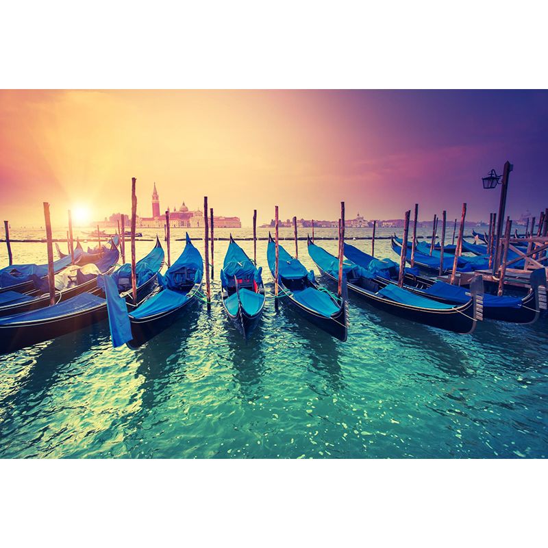 Grand Canal with Boats Mural Decal Pastel Modern Style Wall Decor for Living Room