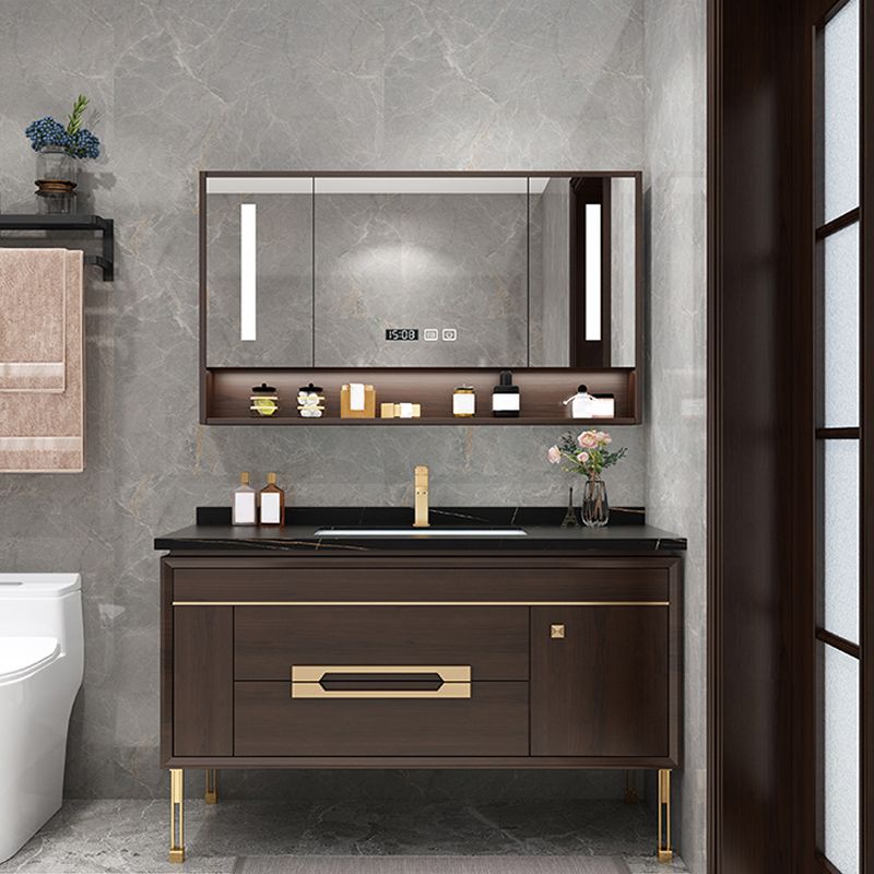 Freestanding Vanity Mirror Rectangle Single Sink Wood Frame Vanity Set with Drawers