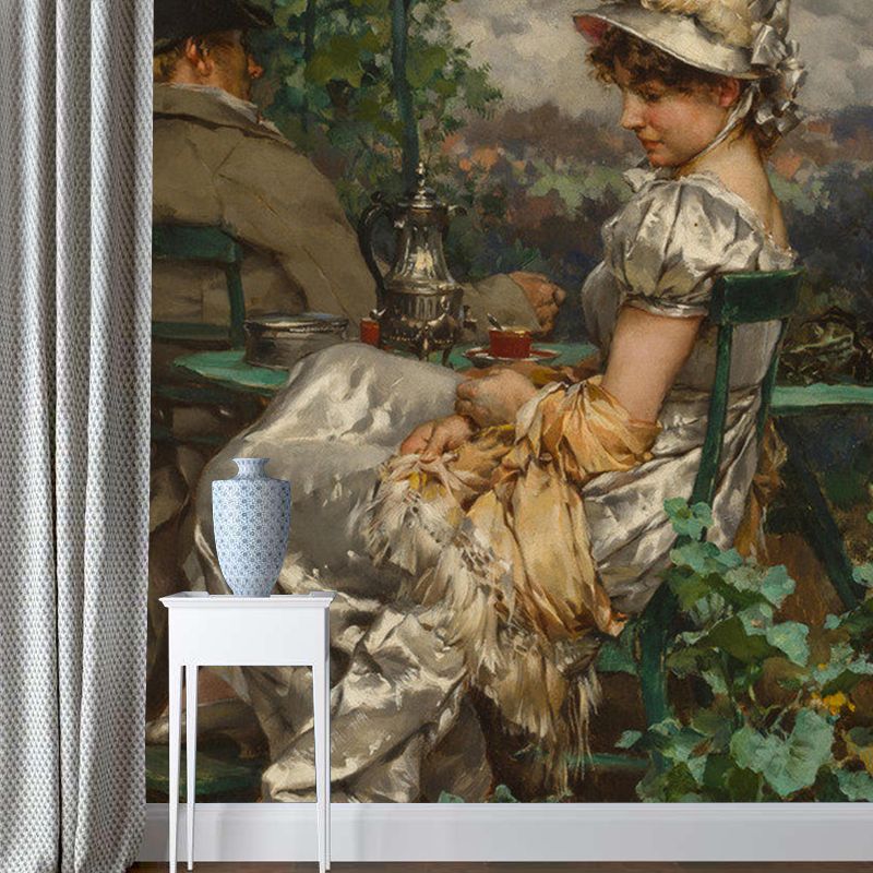 Fairy Lady and Gentleman Mural for Dining Room Decor, Grey and Green, Made to Measure