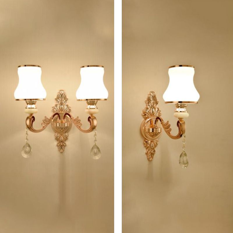 Gold Wall Mount Light Retro Glass Floral Shade Wall Lighting with Hanging Crystal