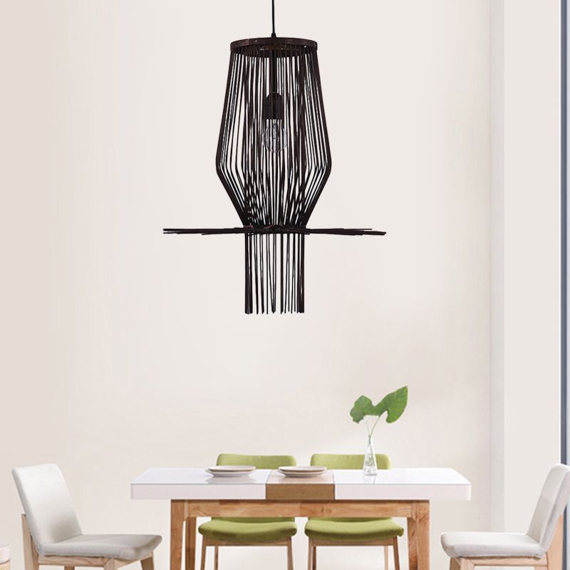 Modern Style Hand-Woven Hanging Lighting Bamboo 1-Bulb Dining Room Pendant Lighting in Black