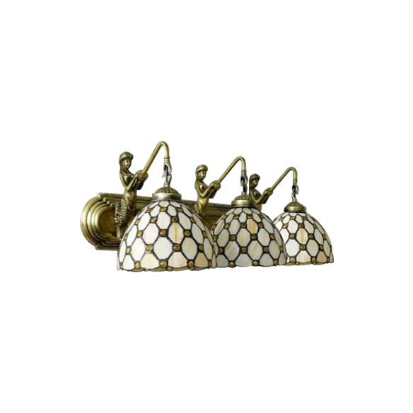 Dome Beige Glass Wall Light Fixture Tiffany 3 Heads Brass Sconce Lighting with Mermaid Backplate