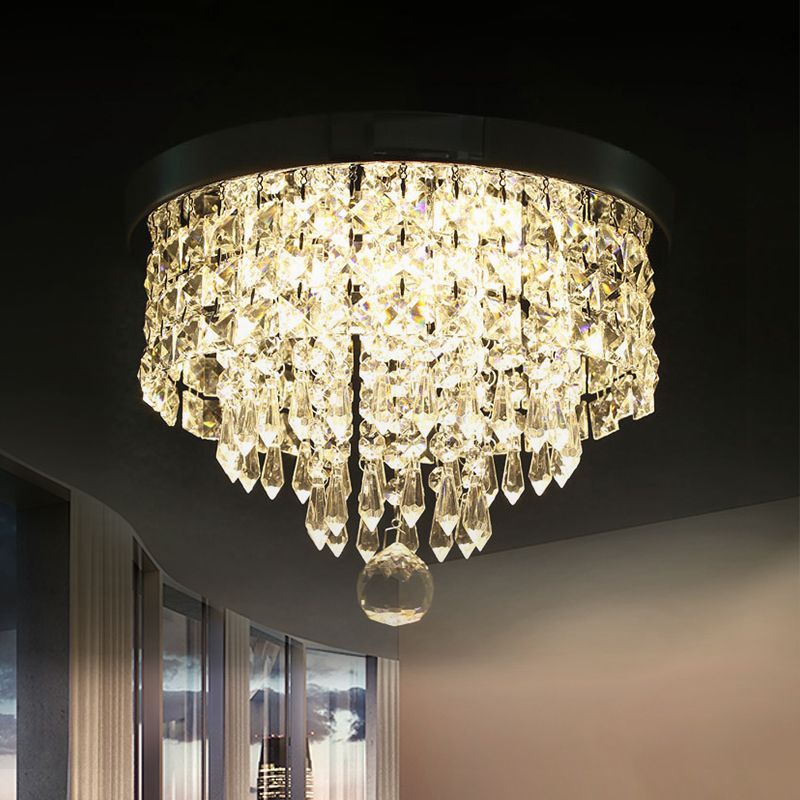 Drum Layered Flush Mount Light Crystal Glam Ceiling Light Fixture in Chrome