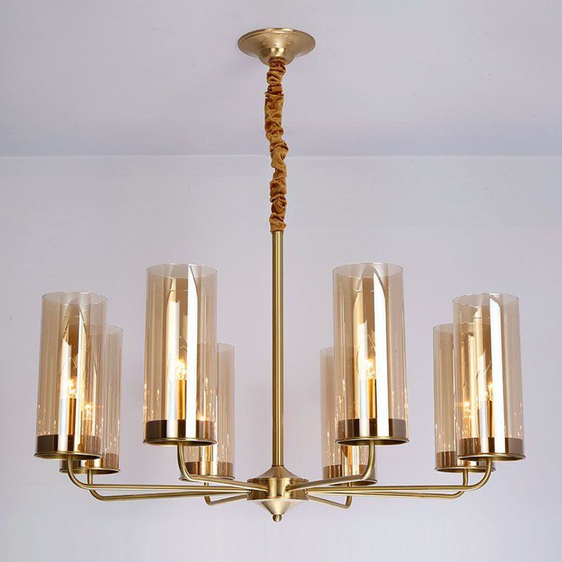 Postmodern Tubular Up Chandelier Glass Living Room Hanging Pendant Light in Brass