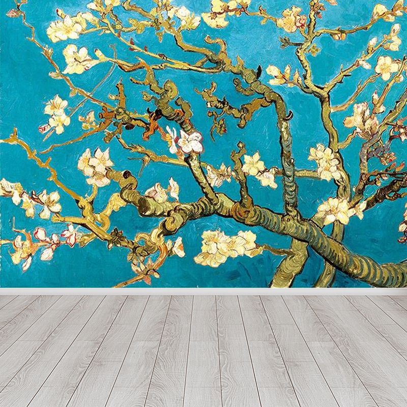 Large Blossoming Plum Tree Mural Moisture Resistant Stylish Bedroom Wall Covering in Blue