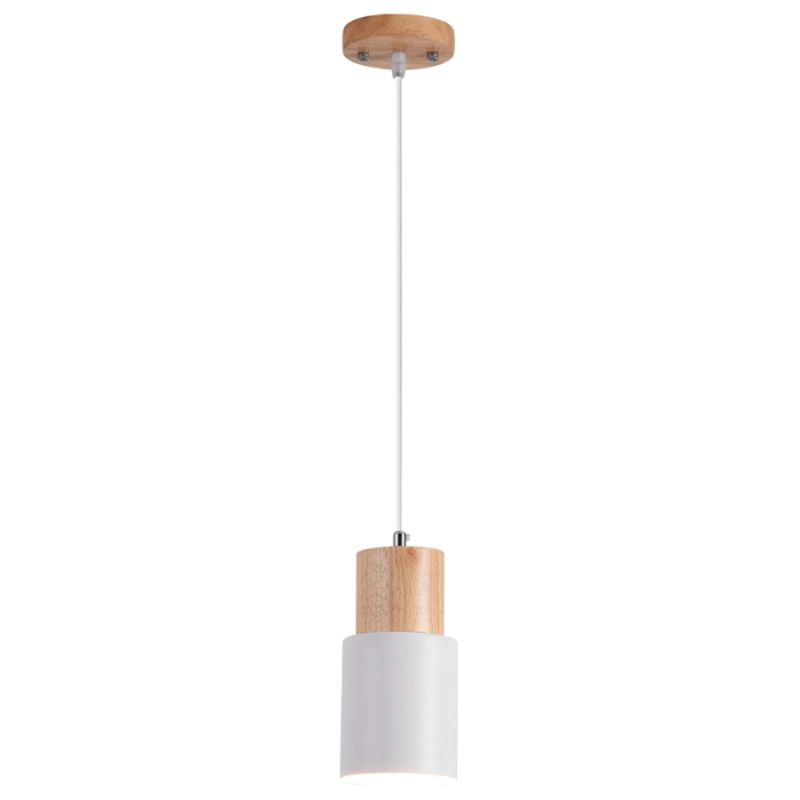 Tubular Bedside Pendant Spotlight Metal 1-Light Minimalist Hanging Lamp with Wooden Top