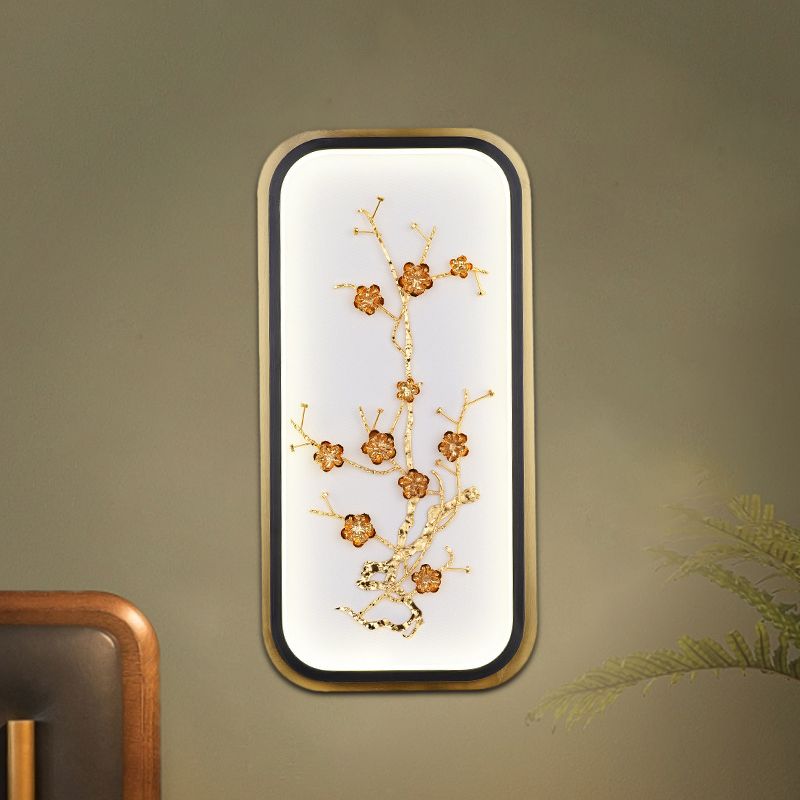 Metallic Rectangle Plum Blossom Mural Light Oriental Style LED Wall Mounted Light Fixture in Gold