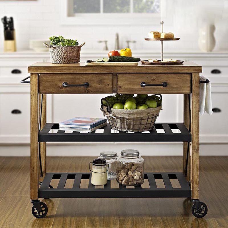 Pine Wood Kitchen Trolley Solid Wood Rolling Kitchen Island with Towel Rack