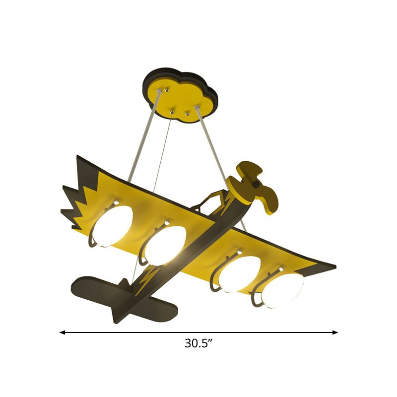 Kids Aircraft Chandelier Wood 4 Bulbs Children Game Room Hanging Lamp in Yellow with White Glass Shade