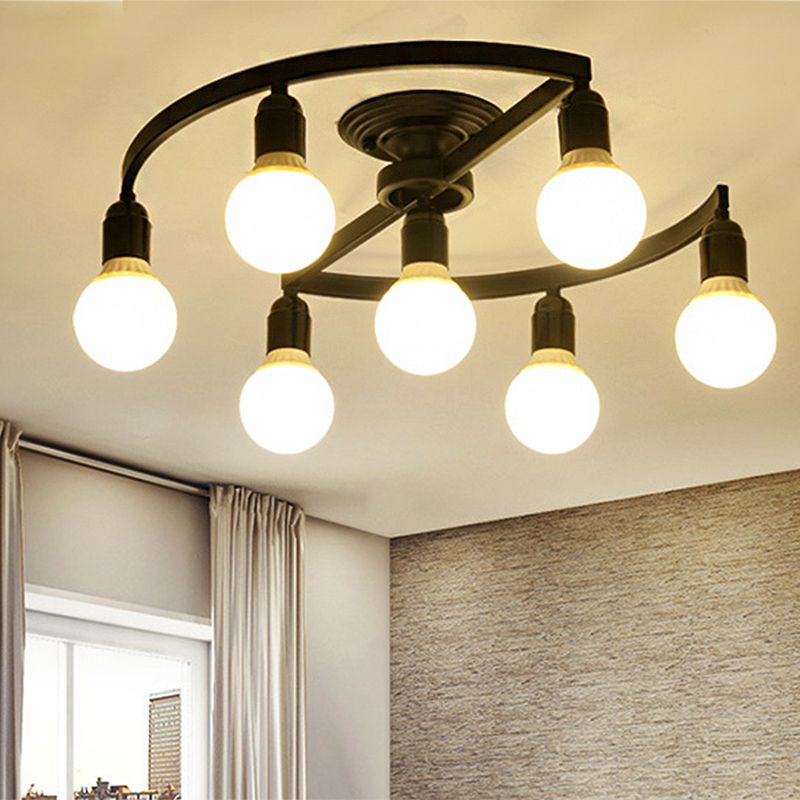 Black Bare Bulb Semi Flush Mount Classic Metal 7/9 Lights Living Room Ceiling Light Fixture