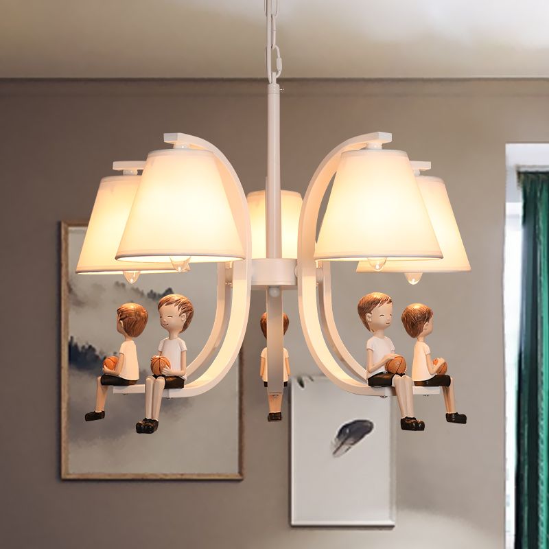 Girl/Boy Statue Suspension Light Kids Iron 5-Bulb Bedroom Pendant Chandelier with Cone Fabric Lampshade in White