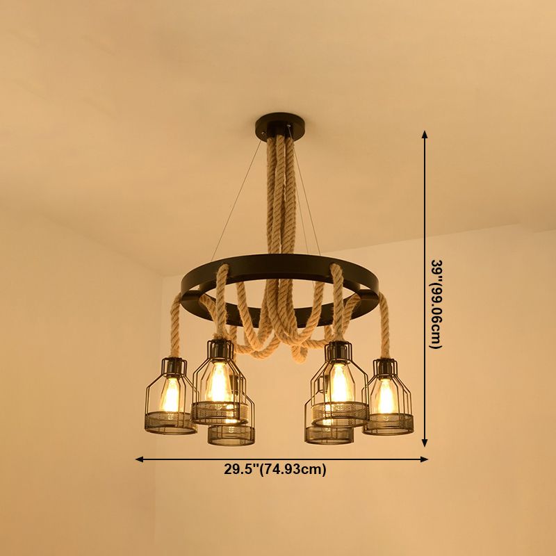 Chandelier Lamp Industrial Cage Metal Hanging Light with Hanging Rope for Dining Room
