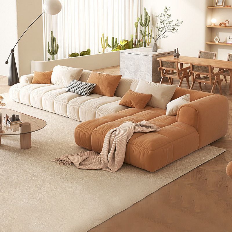 L-Shape Velvet Sectional with Recessed Arm and Pillow Back for Apartment