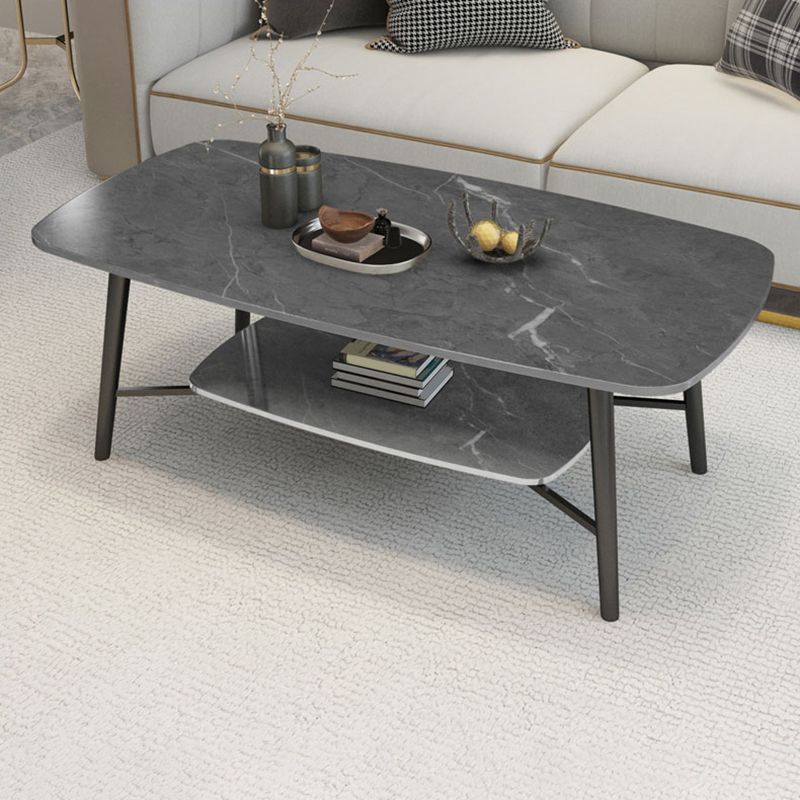 4 Legs 1 Single Coffee Table Rectangular Stone Cocktail Table with Shelf