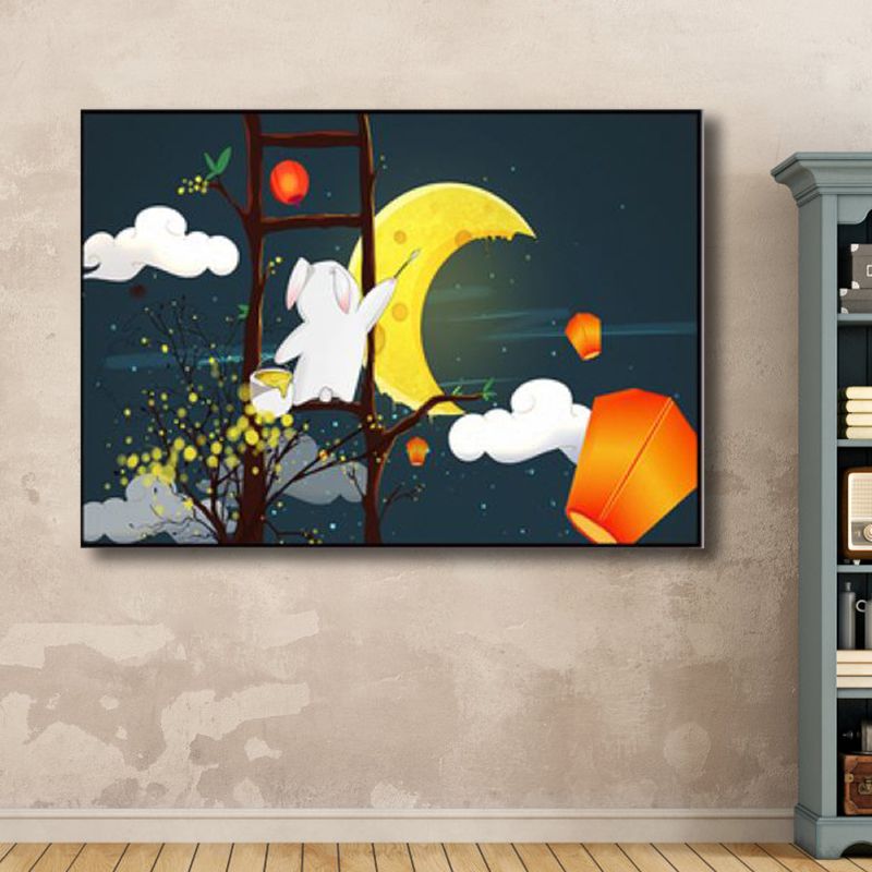Toile de scène de ciel nocturne et de lune, décoration murale texturée de dessin animé de couleur foncée pour la maison