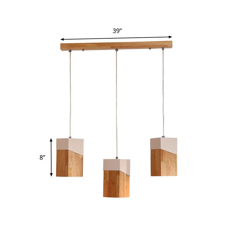 3-Head Study Room Multi Light Pendant Modern Beige and White Suspension Lamp with Cuboid Wood Shade