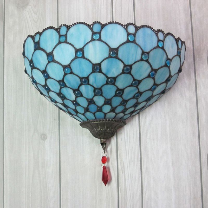 Bowl Wall Mount Light with Fish Scale 1 Light Stained Glass Tiffany Style Blue Wall Lighting