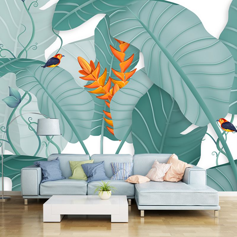 Tropics Plant Banana Leaves Mural Green Stain Resistant Wall Art for Living Room