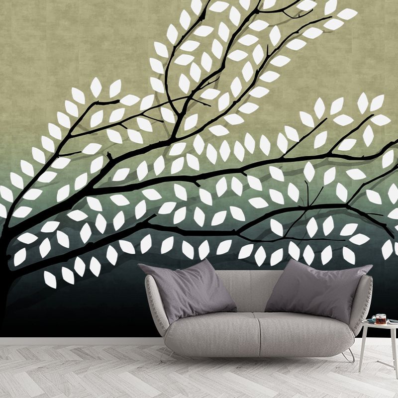 Yellow-Green Artistic Wall Murals Full Size Leafy Branch Wall Covering for Living Room