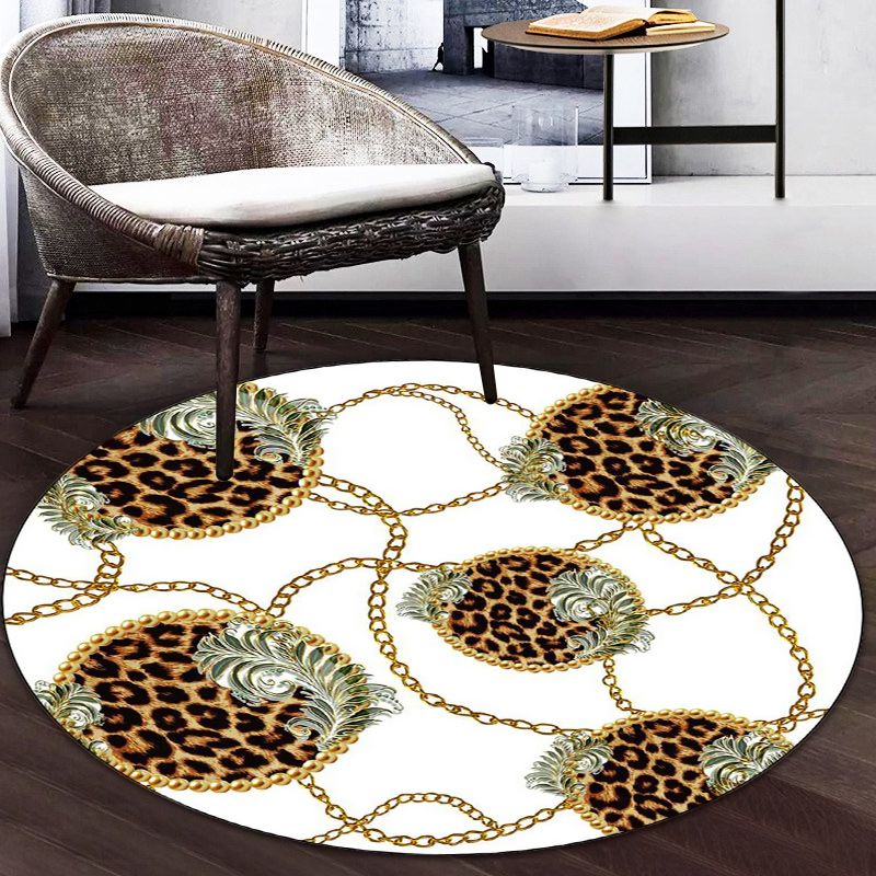 White Bedroom Rug Modern Chain Leopard Leaf Pattern Area Rug Polyester Pet Friendly Washable Carpet