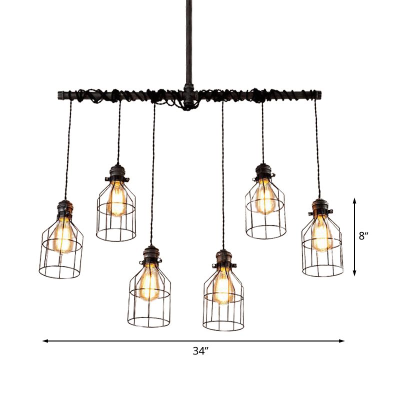 6/10 Bulbs Island Pendant Light Industrial Cage Iron Hanging Lamp Fixture in Aged Silver with Double Pipe Rod