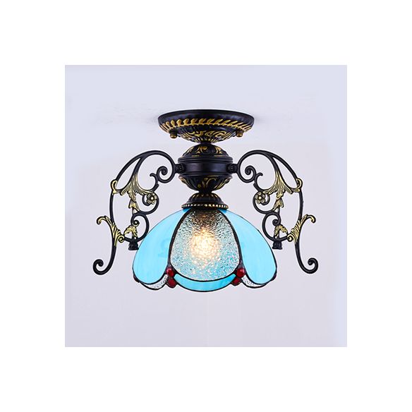 Plafonnier pétale traditionnel avec abat-jour en verre teinté, 1 diamant bleu clair/semi-encastré givré en noir/blanc