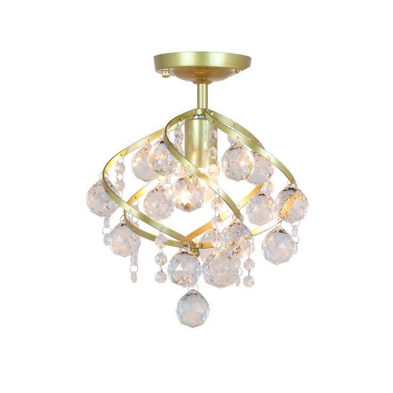Metal Geometrical Semi Flush Traditional 1 Light Corridor Crystal Ceiling Mounted Fixture in Brass