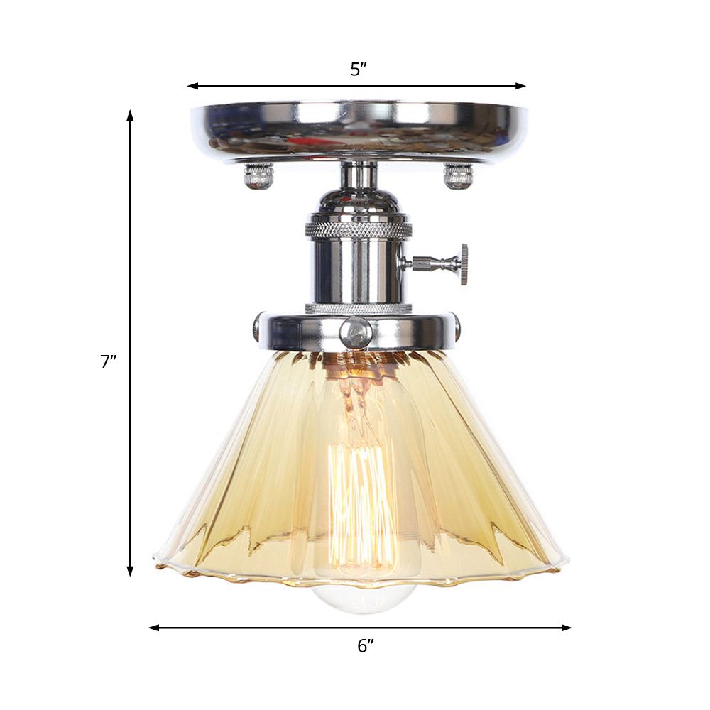 1 Bulb Semi Flush Mount Cone/Bell/Rhombus Industrial Clear/Amber Glass Ceiling Light in Chrome