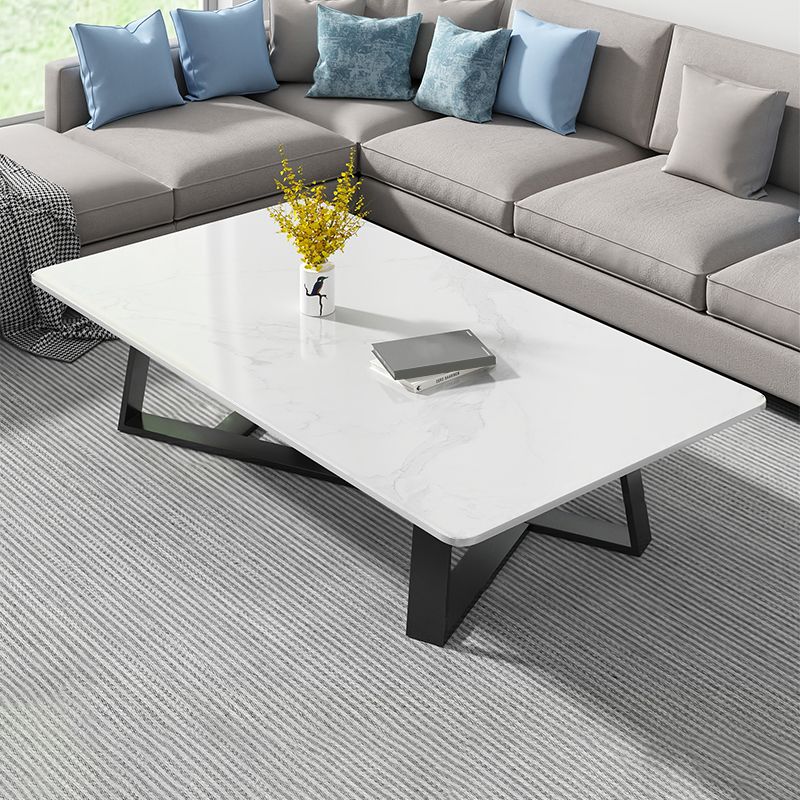 Modern Rectangle Coffee or End Table Stone and Steel Coffee Table with Cross Legs