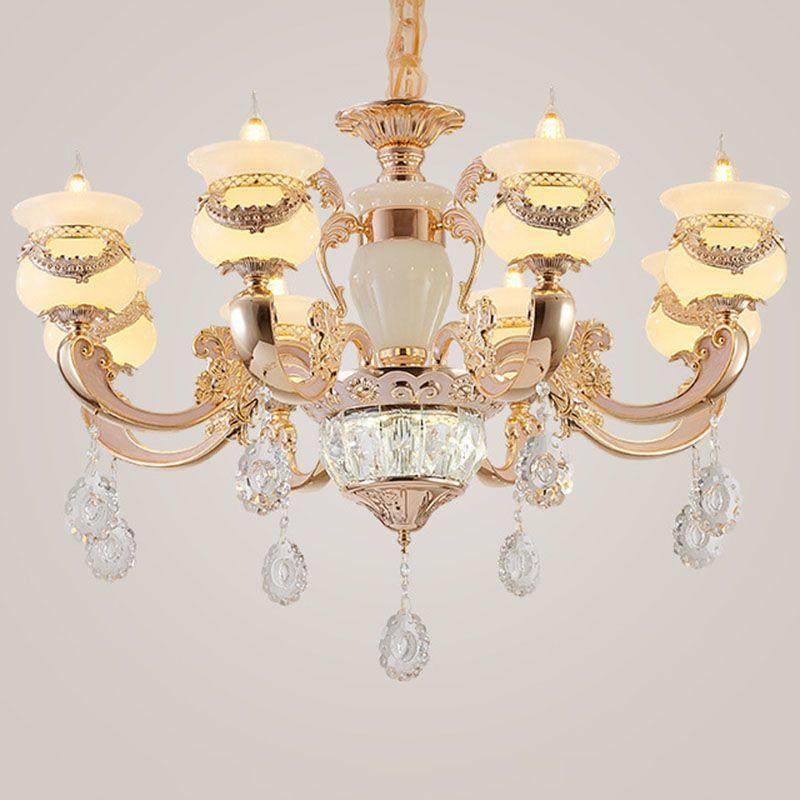 Gold Candle Pendant Chandelier Country Jade Living Room Hanging Lighting with Crystal Accent