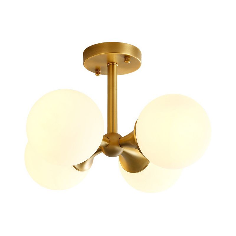 Gold Ball Semi Flush Light Contemporary 4 Heads Milky Glass Close to Ceiling Lamp