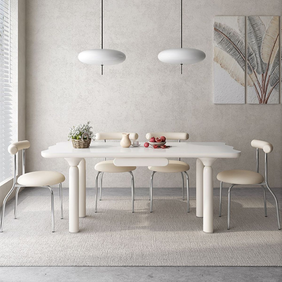 White Rectangle Dining Table Stone and Solid Wood Dining Table with 4 Legs