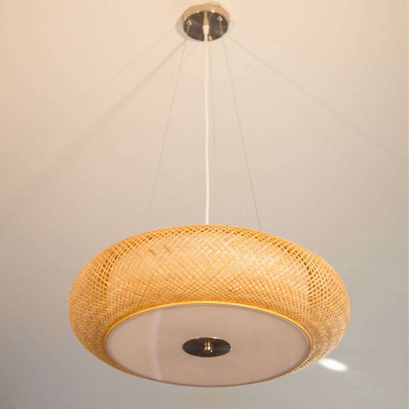 12"/16"/19.5" Wide Donut Ceiling Lamp Retro Bamboo 3 Bulbs Wood Hanging Light Fixture