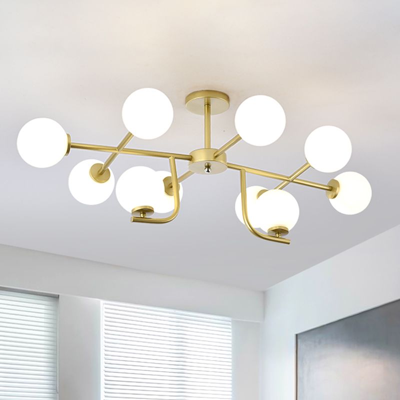 Semi-plafondlamp met meerdere staven met glazen bol, modern metaal, 6/10 koppen goud, inbouwmontage voor woonkamer