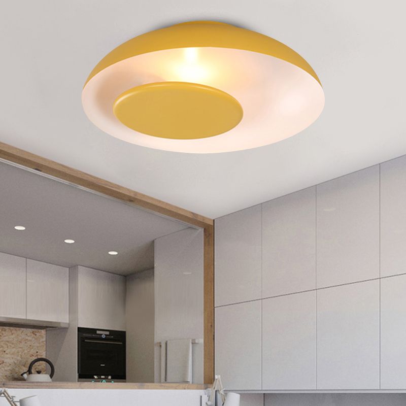 Pink/Green/Blue Wide Bowl Flush Light Macaron Single Iron Flush Mount Ceiling Lighting with Cover