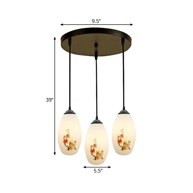 3 Bulbs Multiple Hanging Light Modern Oblong Frosted White Glass Linear/Round Canopy Pendulum Lamp with Flower Pattern