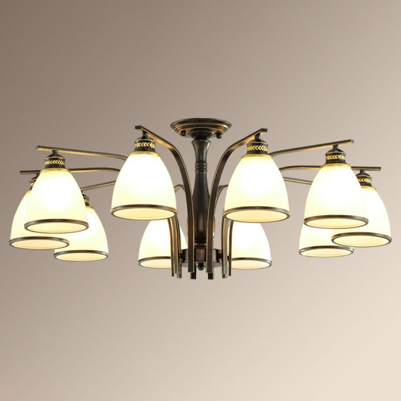 Rustic Bowl Shaped Semi Flush Frost Glass Ceiling Mount Chandelier for Living Room