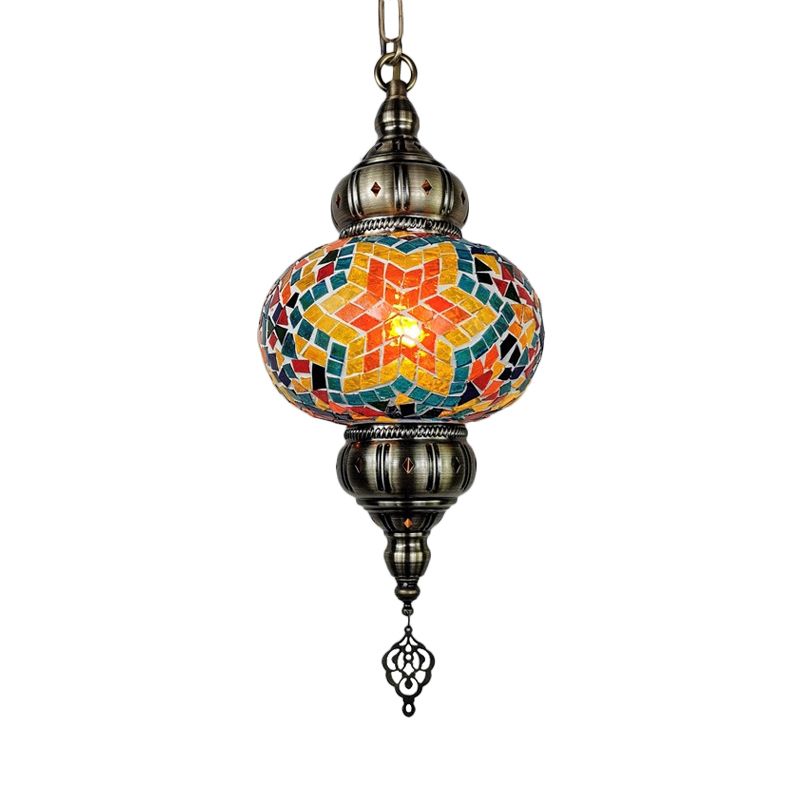 Stained Glass Oval Hanging Light Kit Traditional 1 Head Bedroom Pendant Lighting in White/Red/Orange