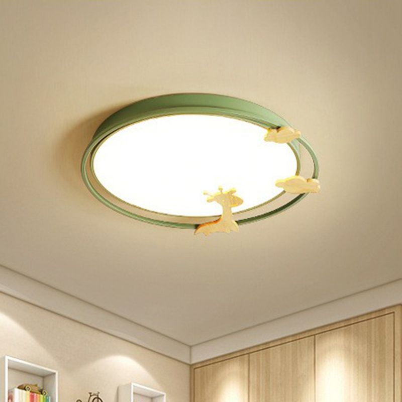 Circular Flush Mount Lighting Cartoon Metallic Kids Bedroom LED Flush Mount Fixture with Wooden Decor