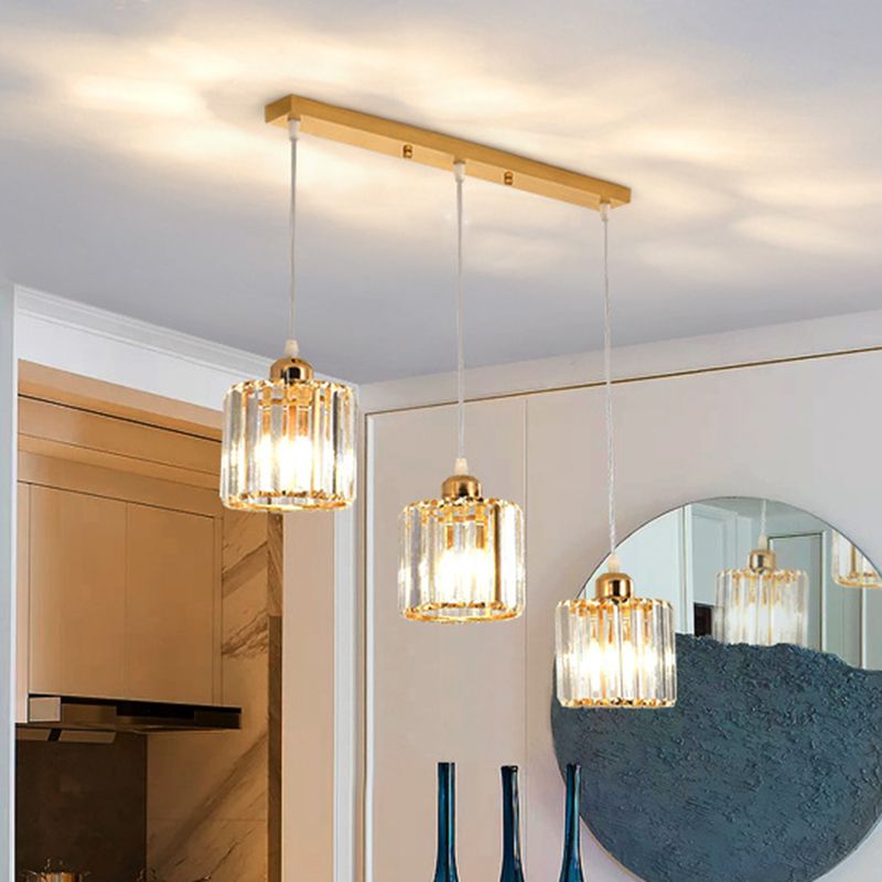 Cube Shaped Multi Ceiling Lamp Simplicity Crystal 3 Bulbs Dining Room Suspension Light Fixture in Gold