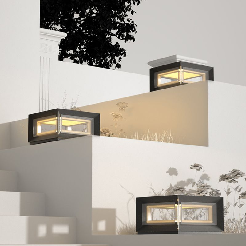 Contemporary Square Outdoor Solar Pillar Lamp in Black for Courtyard