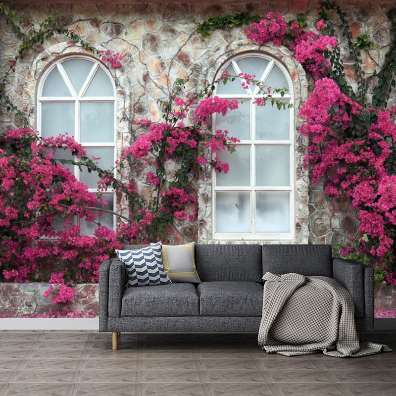 Photo Style Wall Mural French Window and Blossom Full Size Wall Art for Coffee Shop, Made to Measure