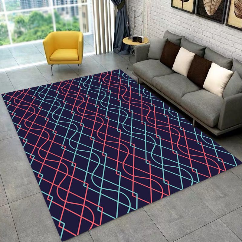 Black Bedroom Rug Modern Geometry Diamond Curved Line Pattern Area Rug Polyester Washable Carpet
