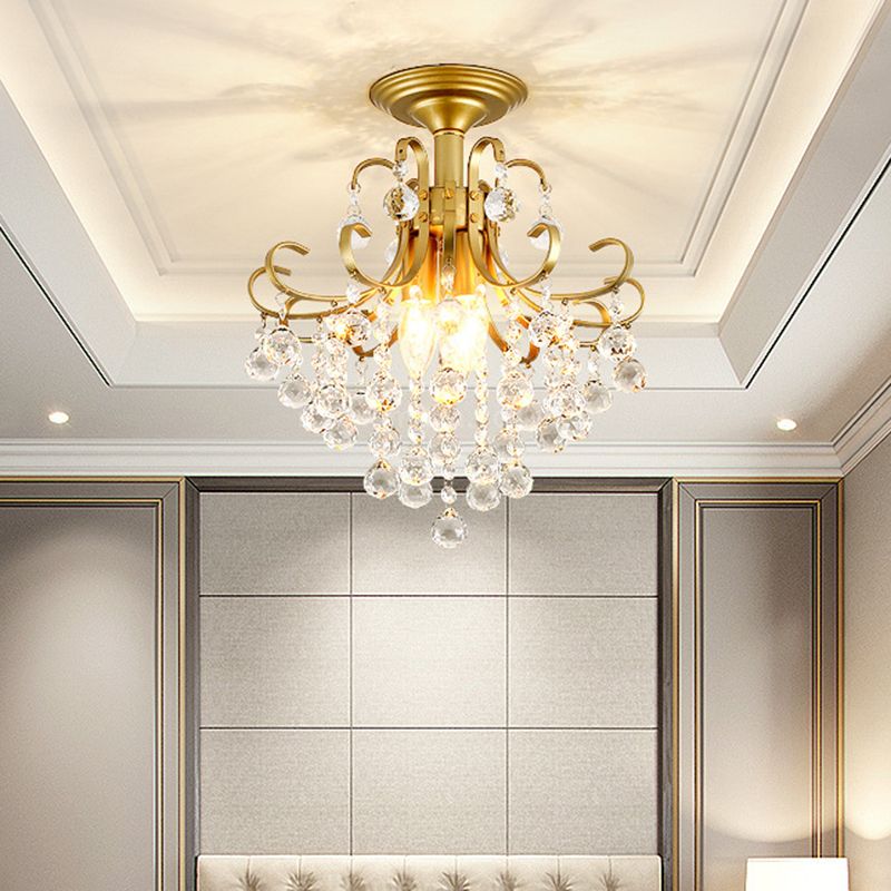 Farmhouse Bent Arm Frame Ceiling Light 3 Lights Metal Semi Flush Mount with Crystal Droplet