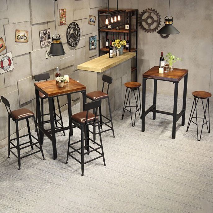 Industrial 1/3/4/5 Pieces Bar Table Set Square Pine Wood Counter Table with Stools