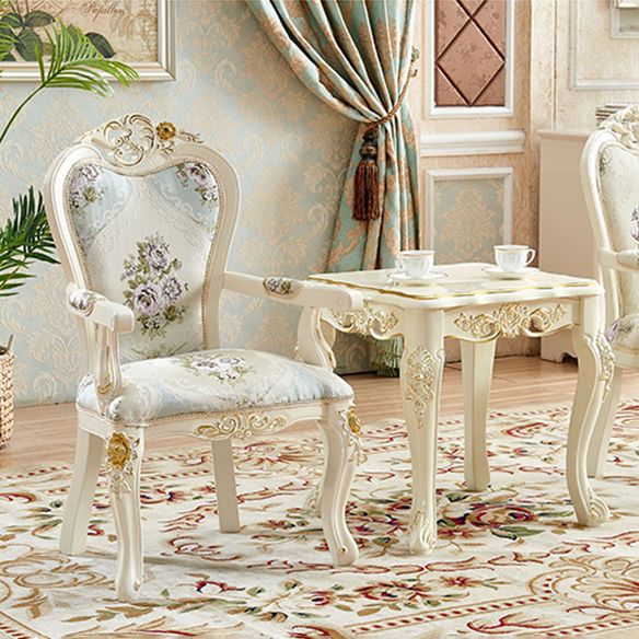 European Style Birch Cotton Arm Chair Light Color Solid Back Dining Chair with White Legs