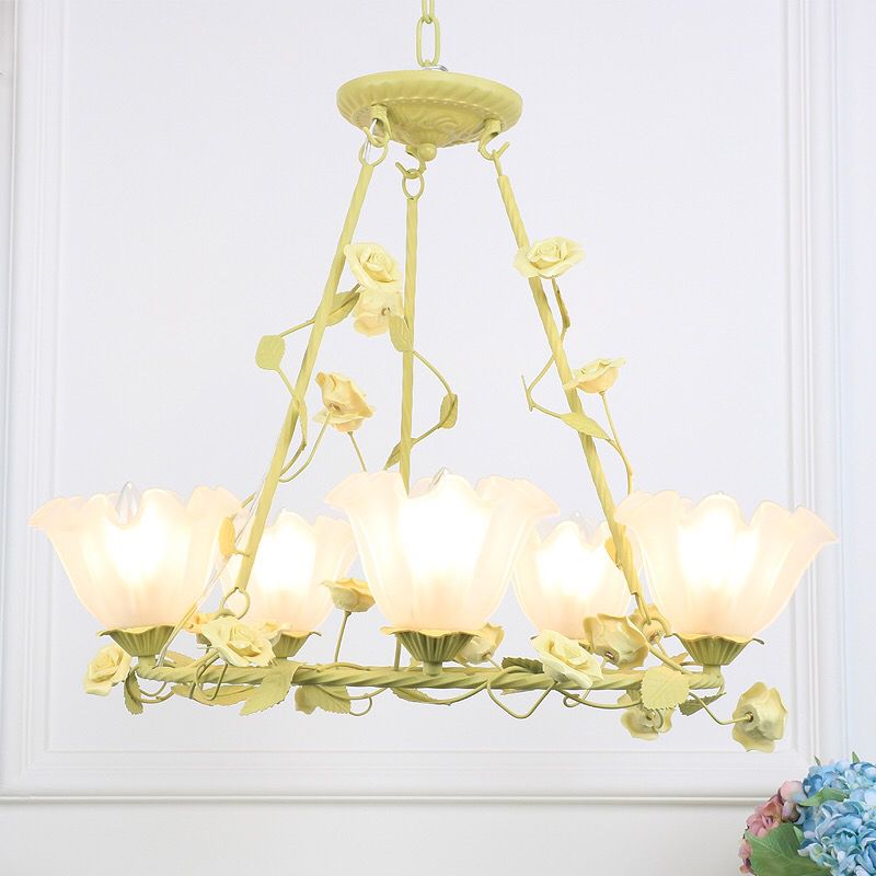 Green 5 Heads Chandelier Lighting Korean Flower Frosted Glass Circle Pendant Ceiling Light for Living Room